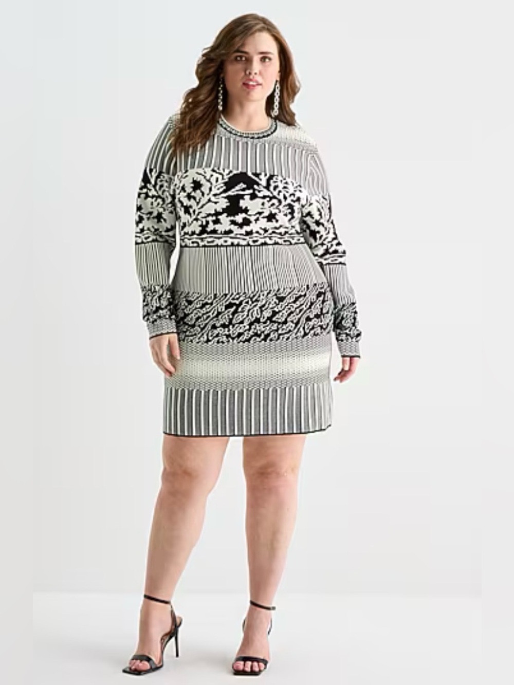 Ashley Graham Womens Plus Crew Neck Long Sleeve Fitted Jacquard Bodycon Dress